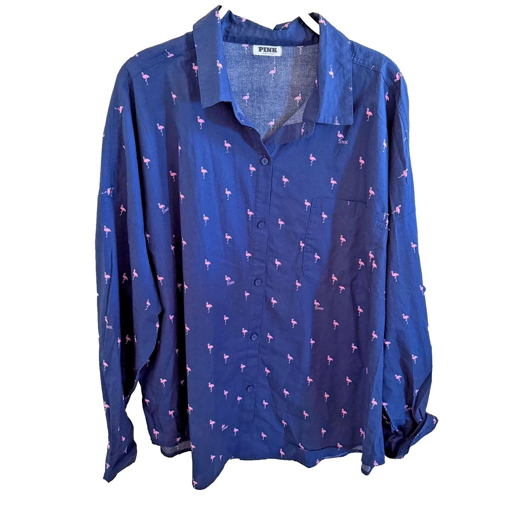 Pink Victoria Secret Shirt Womens XXL Navy Pink Flamingos Button Up Oversized‎